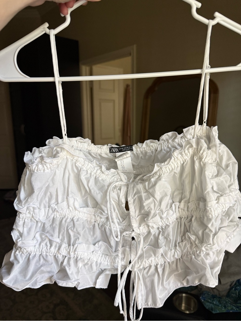 ZARA White cropped tie front top